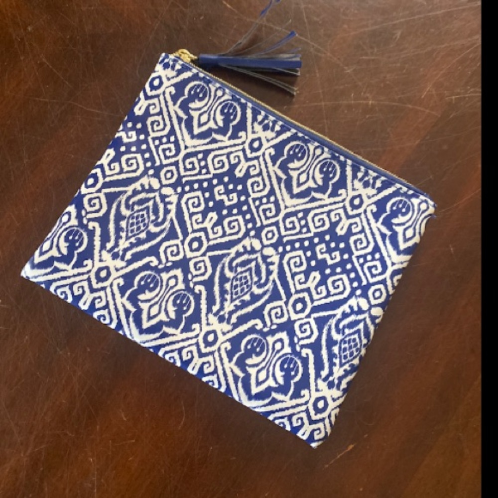 Navy and White Geometric Zip Cosmetic Pouch with Tassel